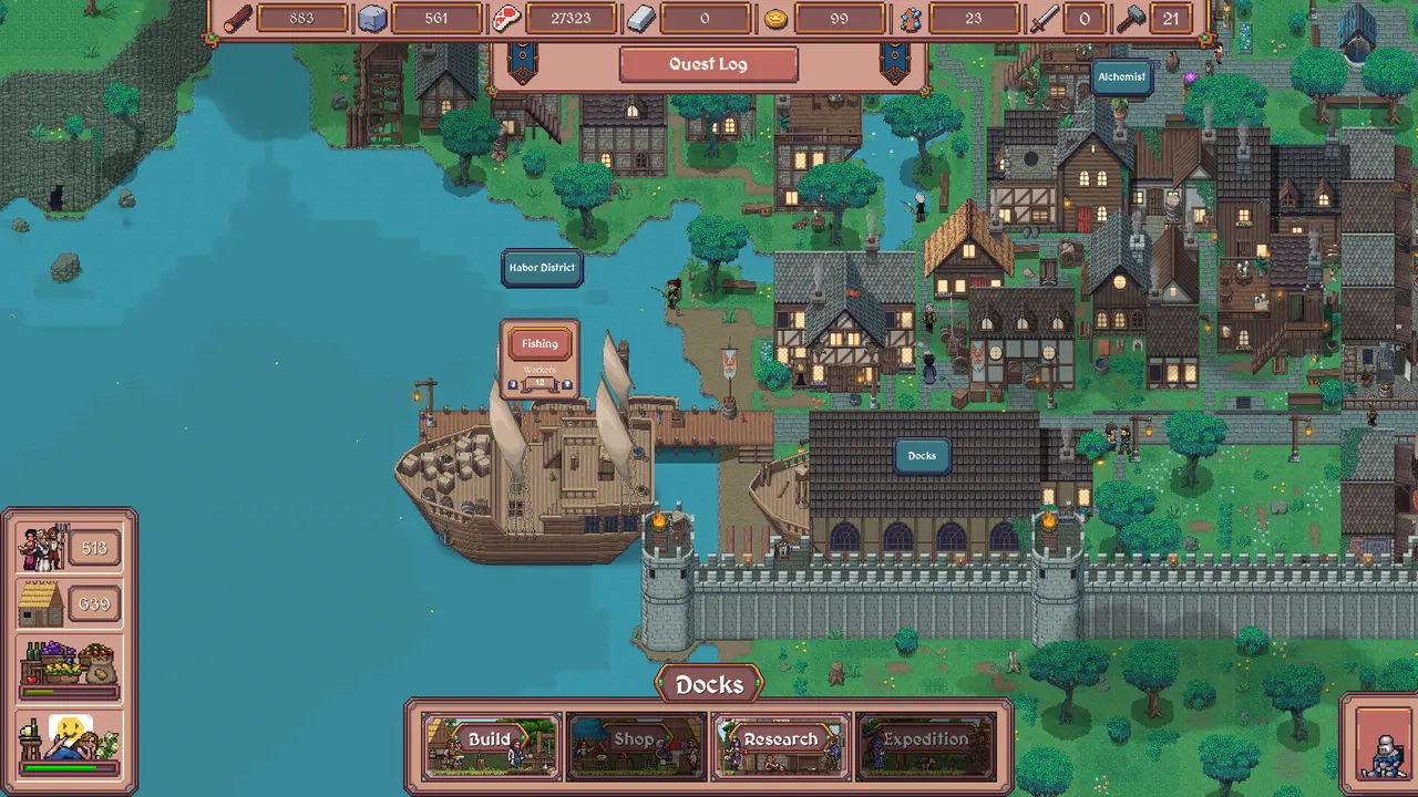 A growing pixel-art settlement in Hearth and Hamlet